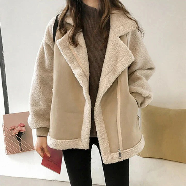 Oversized Suede Coat with Shearling Lining for Women