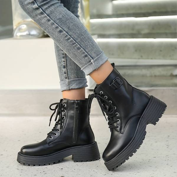 Faux Leather Lace-Up Platform Combat Boots for Women