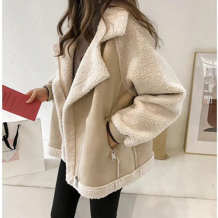 Oversized Suede Coat with Shearling Lining for Women