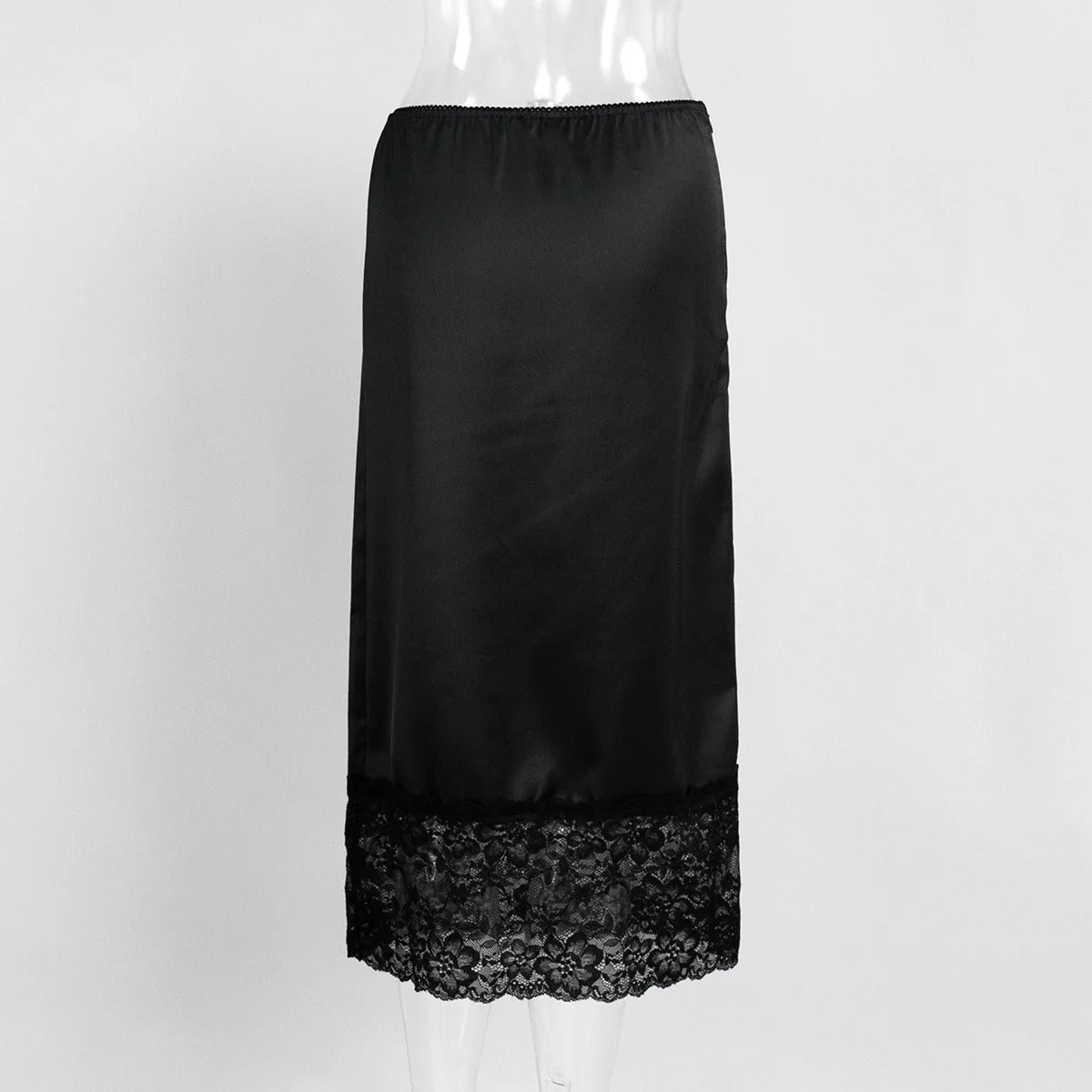 Satin Midi Skirt with Floral Lace Hem for Women