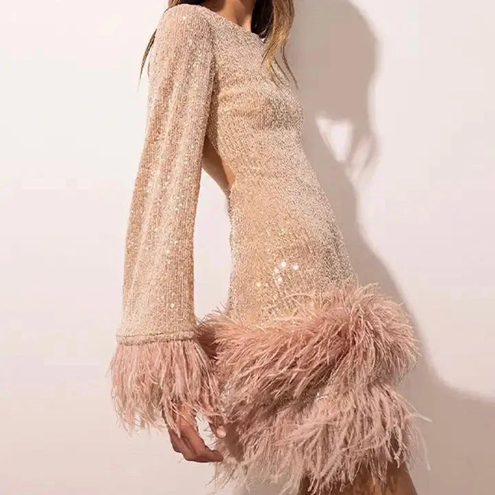 Sequin Long Sleeve Feather Trim Mini Dress for Women