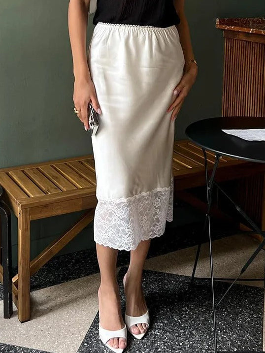Satin Midi Skirt with Floral Lace Hem for Women
