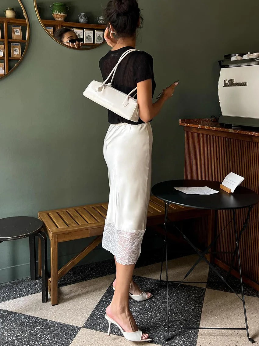 Satin Midi Skirt with Floral Lace Hem for Women
