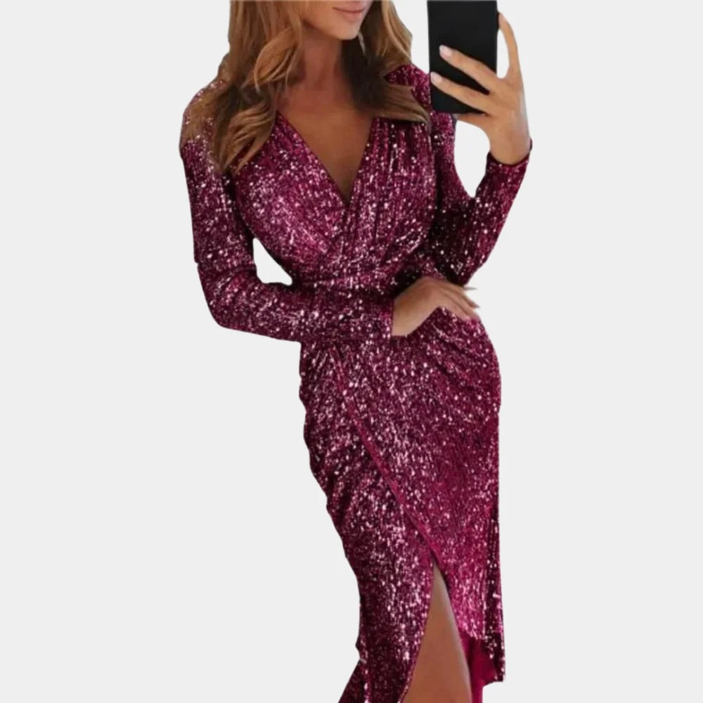 Sequin V-Neck Long Sleeve Ruched Wrap Midi Dress for Women
