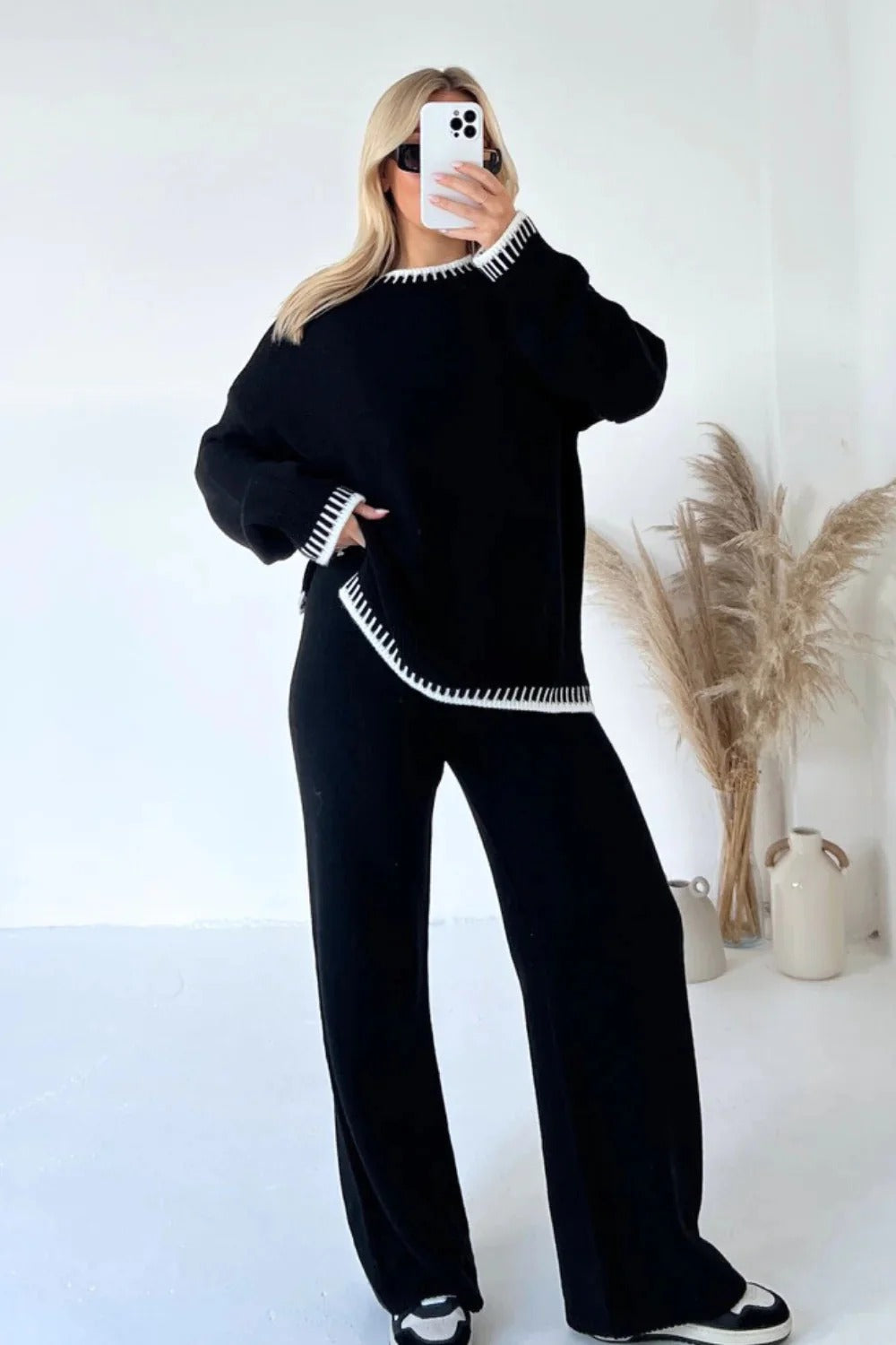 Round Neck Knitted Sweater and Wide Leg Pants Set for Women