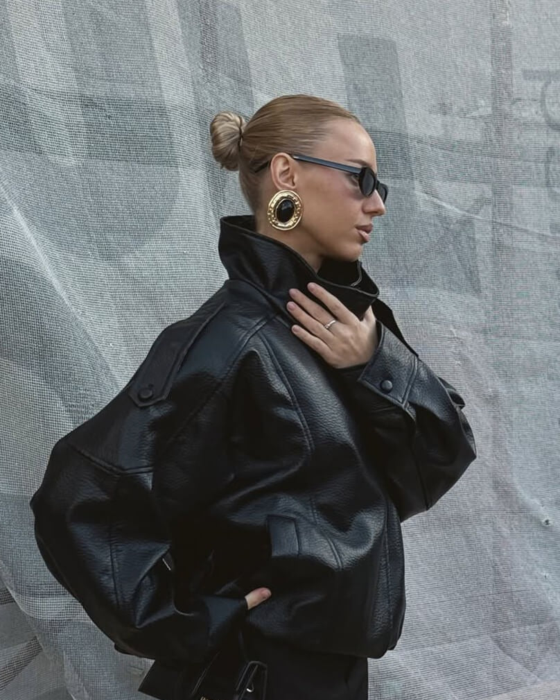 Faux Leather Jacket with High Neck for Women