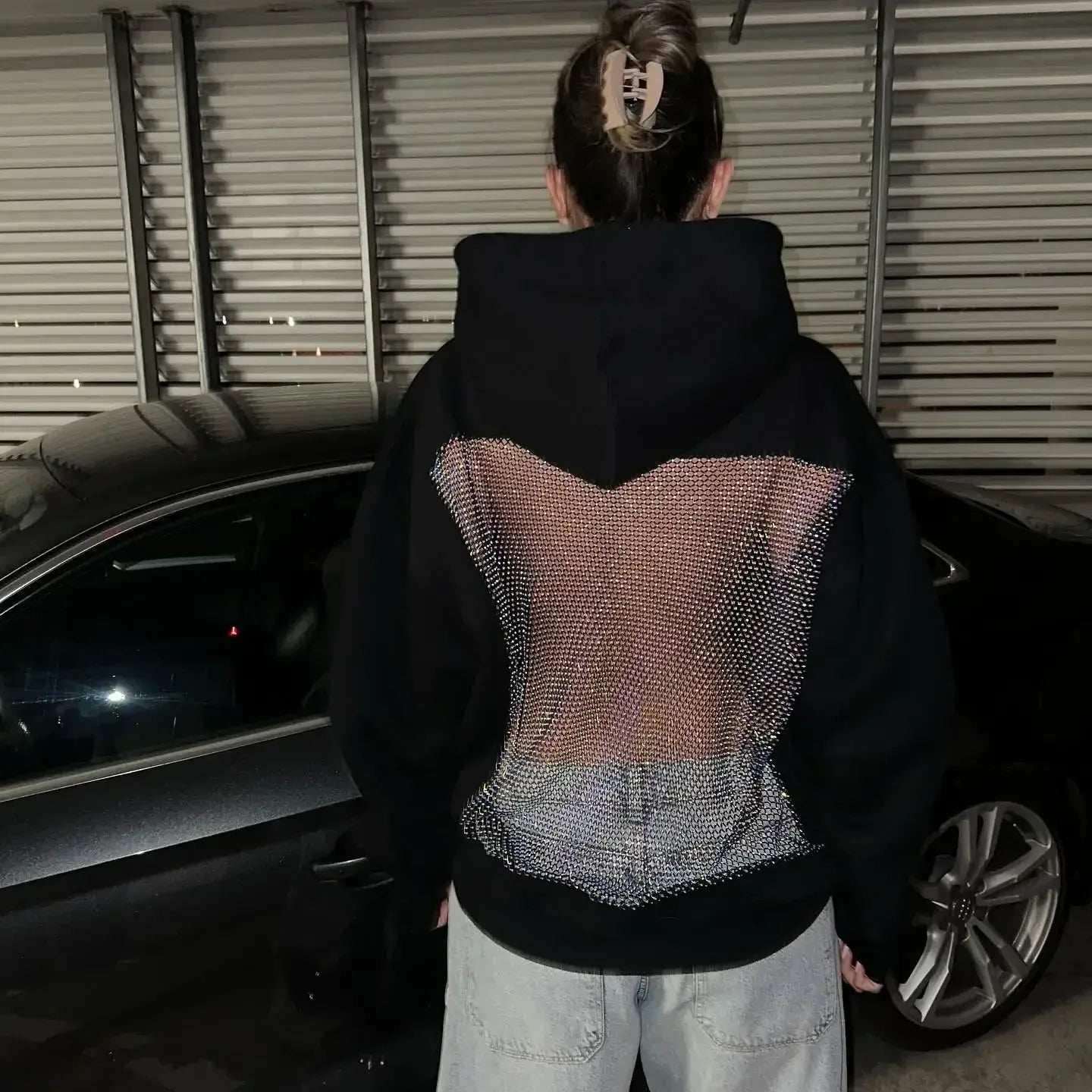 Oversized Mesh Back Net Panel Detail Hoodie for Women