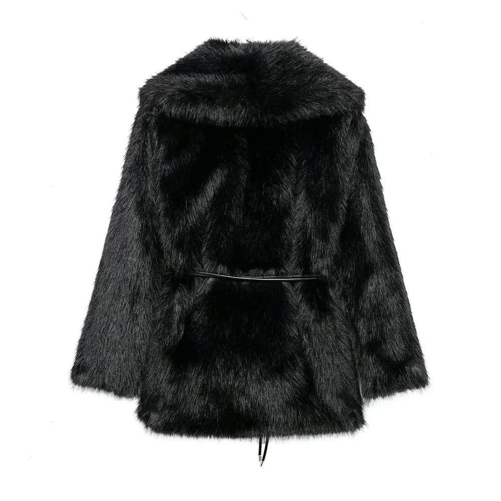 Belted Faux Fur Coat with Wide Lapels for Women