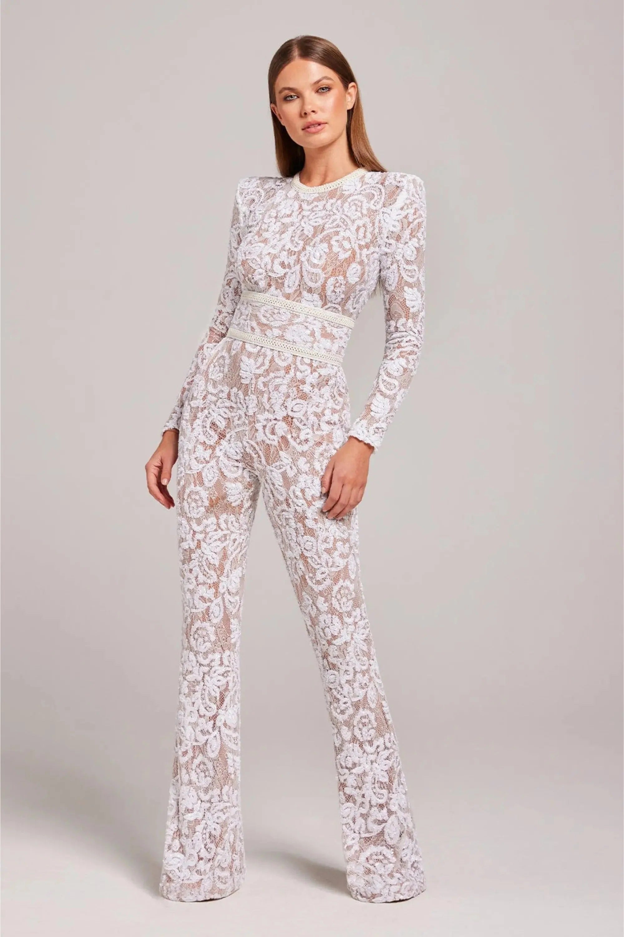 Sequin Lace Long Sleeve Round Neck Flared Jumpsuit for Women