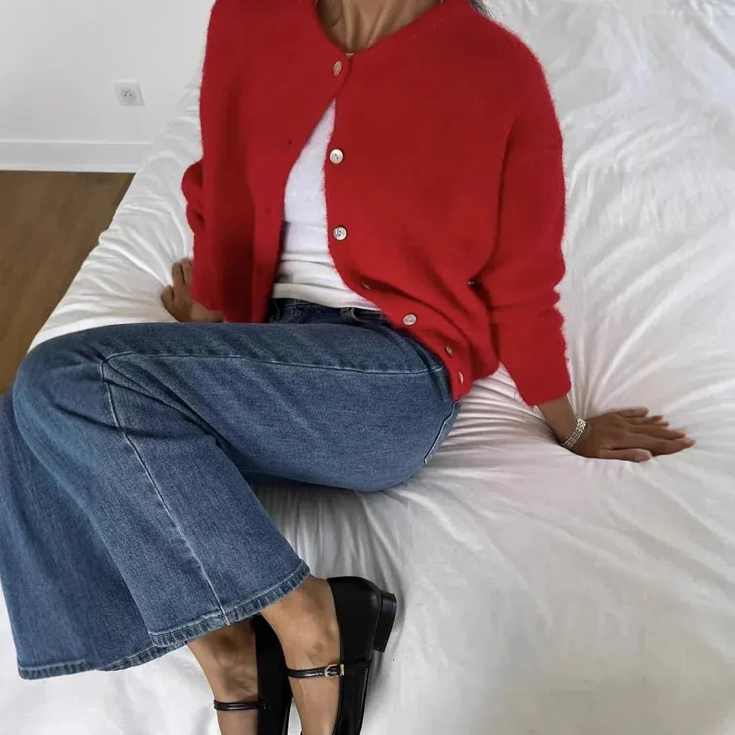 Round Neck Single Breasted Mohair Cardigan for Women