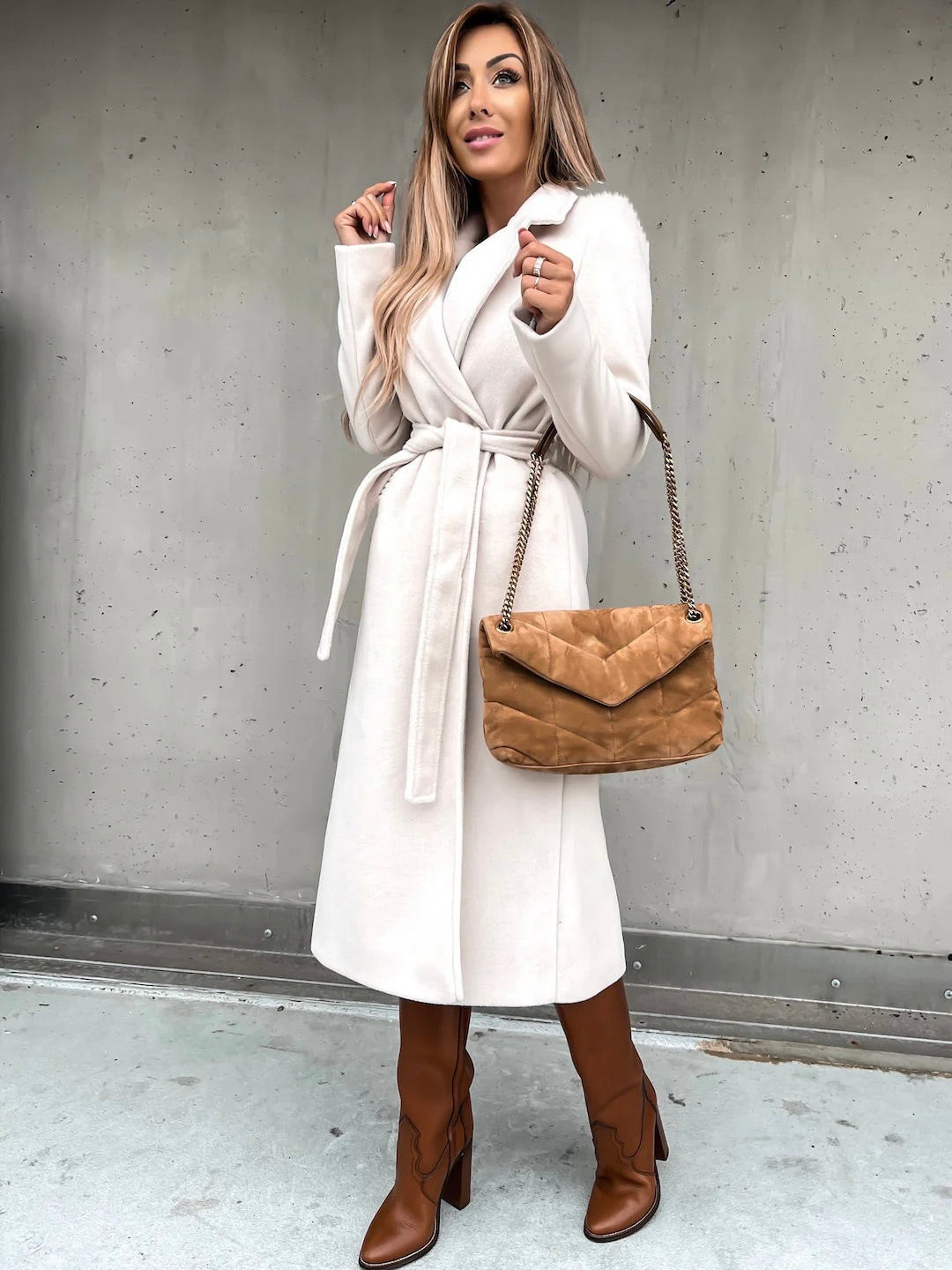 Long Winter Coat with Tie Belt for Women