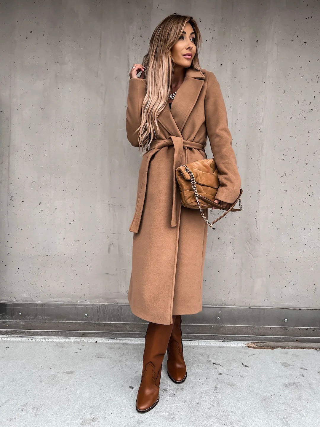 Long Winter Coat with Tie Belt for Women