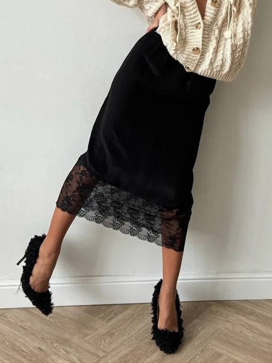 Satin Midi Skirt with Floral Lace Hem for Women