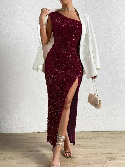 Sequin One Shoulder High Slit Dress for Women