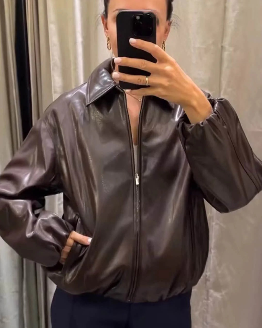 Oversized Short Leather Bomber Jacket for Women