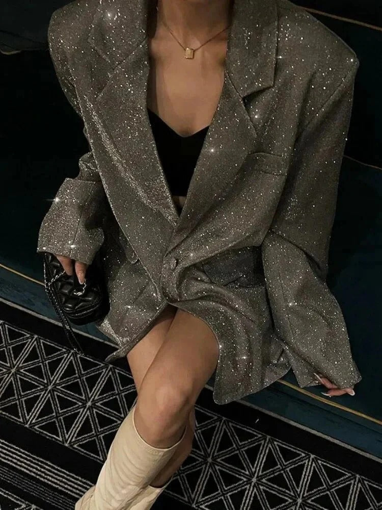 Oversized Glitter Single Breasted Blazer for Women