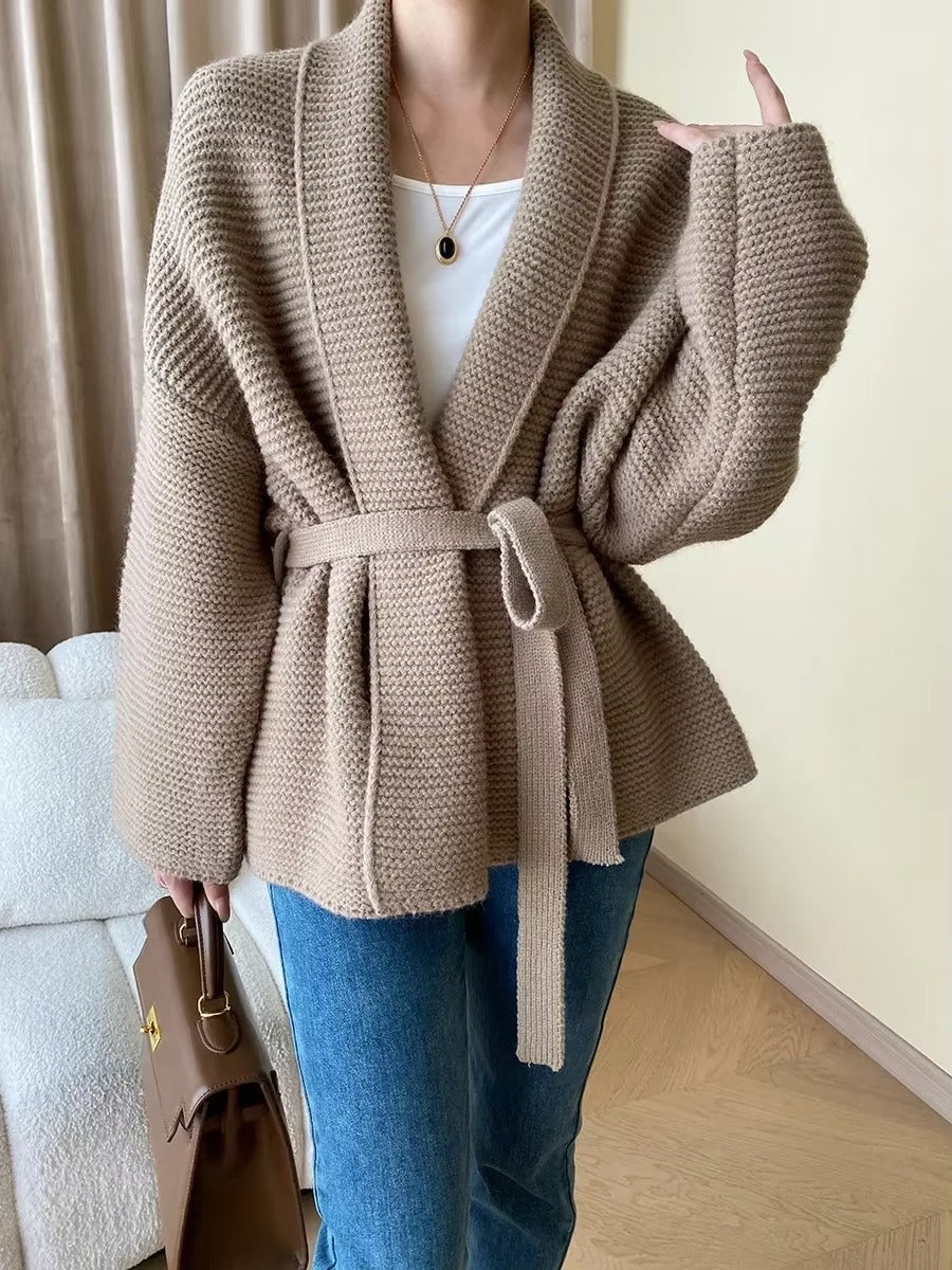 Belted Knit Cardigan with Shawl Collar for Women