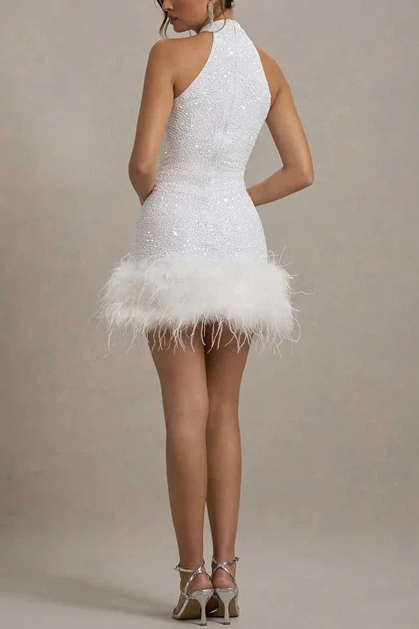 Glitter Feather Trim Halter Mini Dress for Women