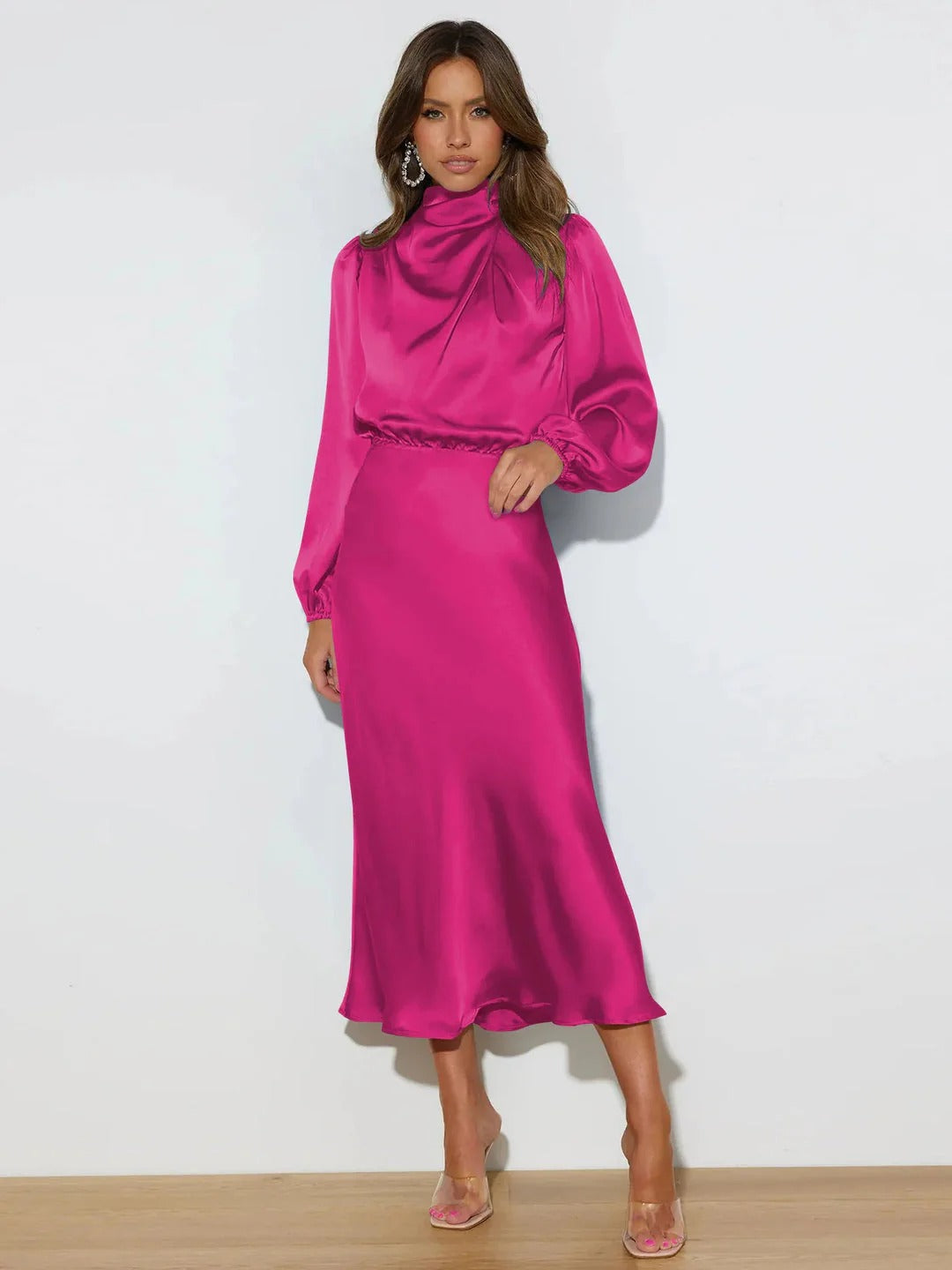 Satin Draped High Neck Long Sleeve Midi Dress for Women