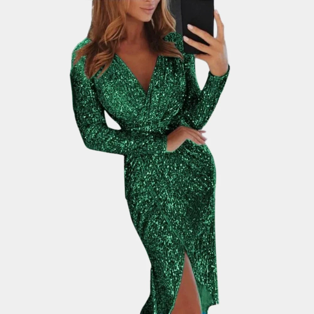 Sequin V-Neck Long Sleeve Ruched Wrap Midi Dress for Women