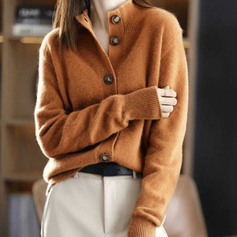 Knit Stand Collar Button Front Cardigan for Women