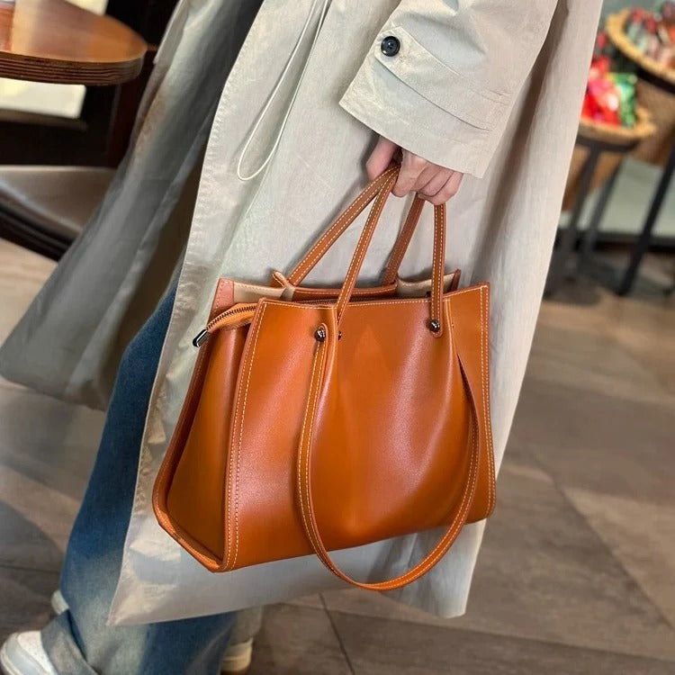 Faux Leather Contrast Stitch Tote Bag for Women