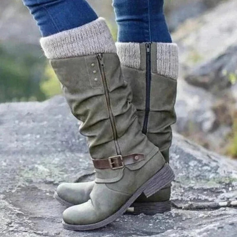 Knitted Cuff Buckle Mid-Calf Winter Boots for Women