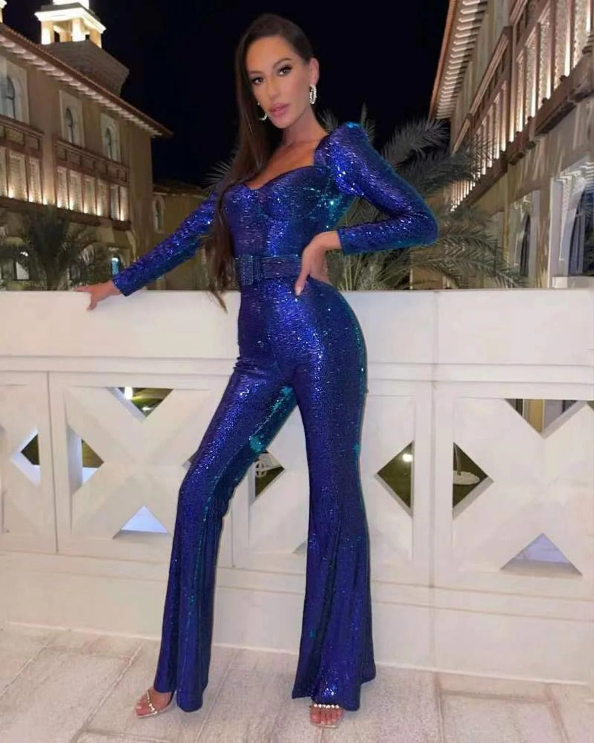 Sequin Sweetheart Neck Belted Jumpsuit for Women