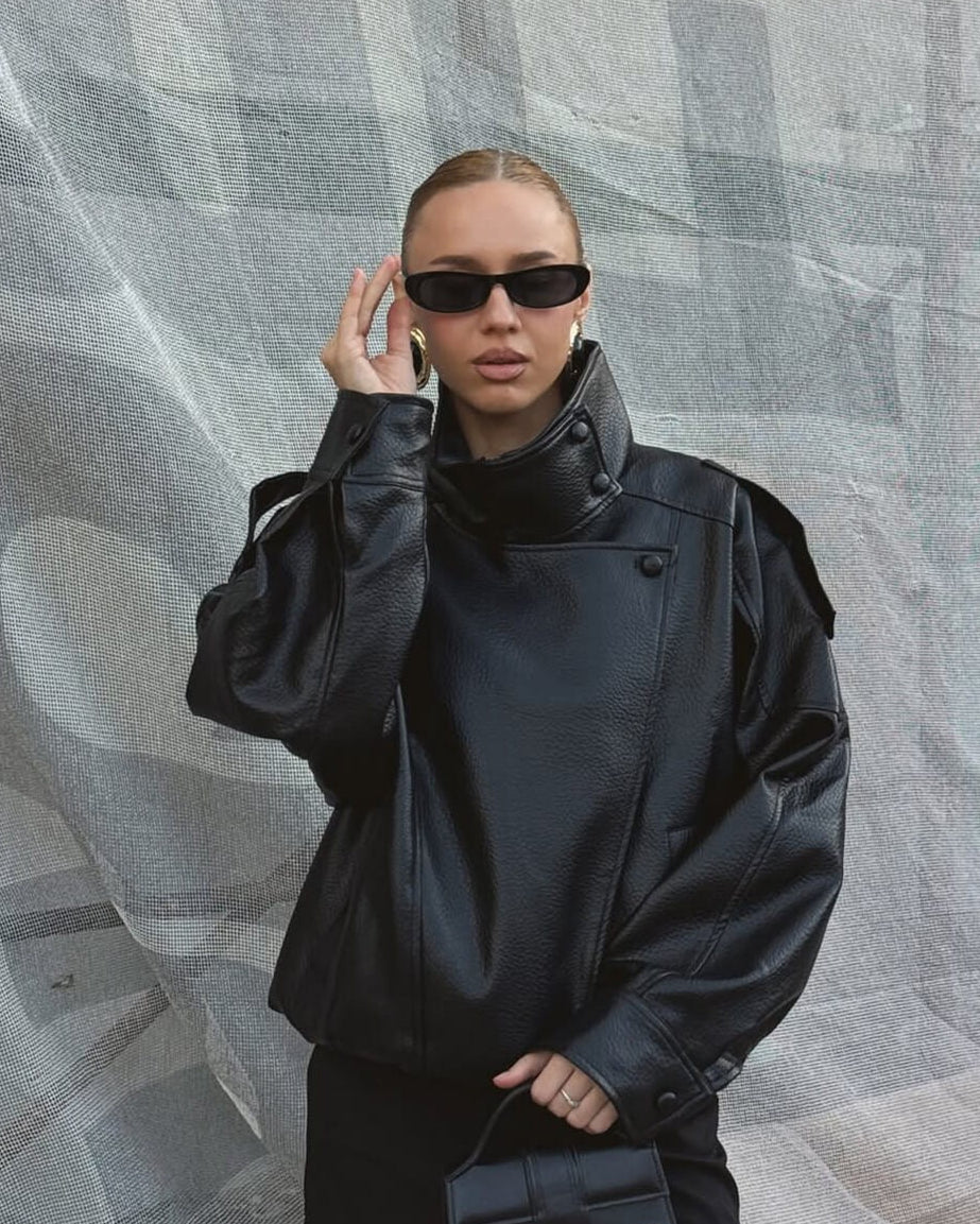 Faux Leather Jacket with High Neck for Women