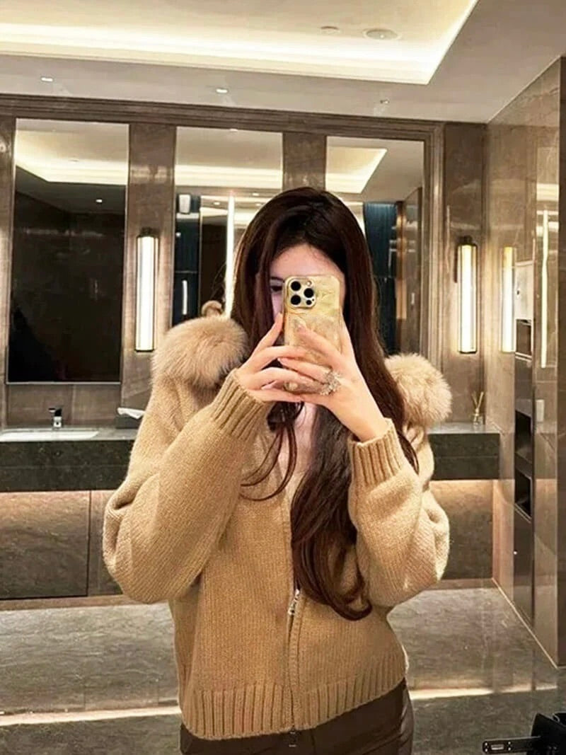Knitted Zip Up Cardigan with Faux Fur Hood for Women