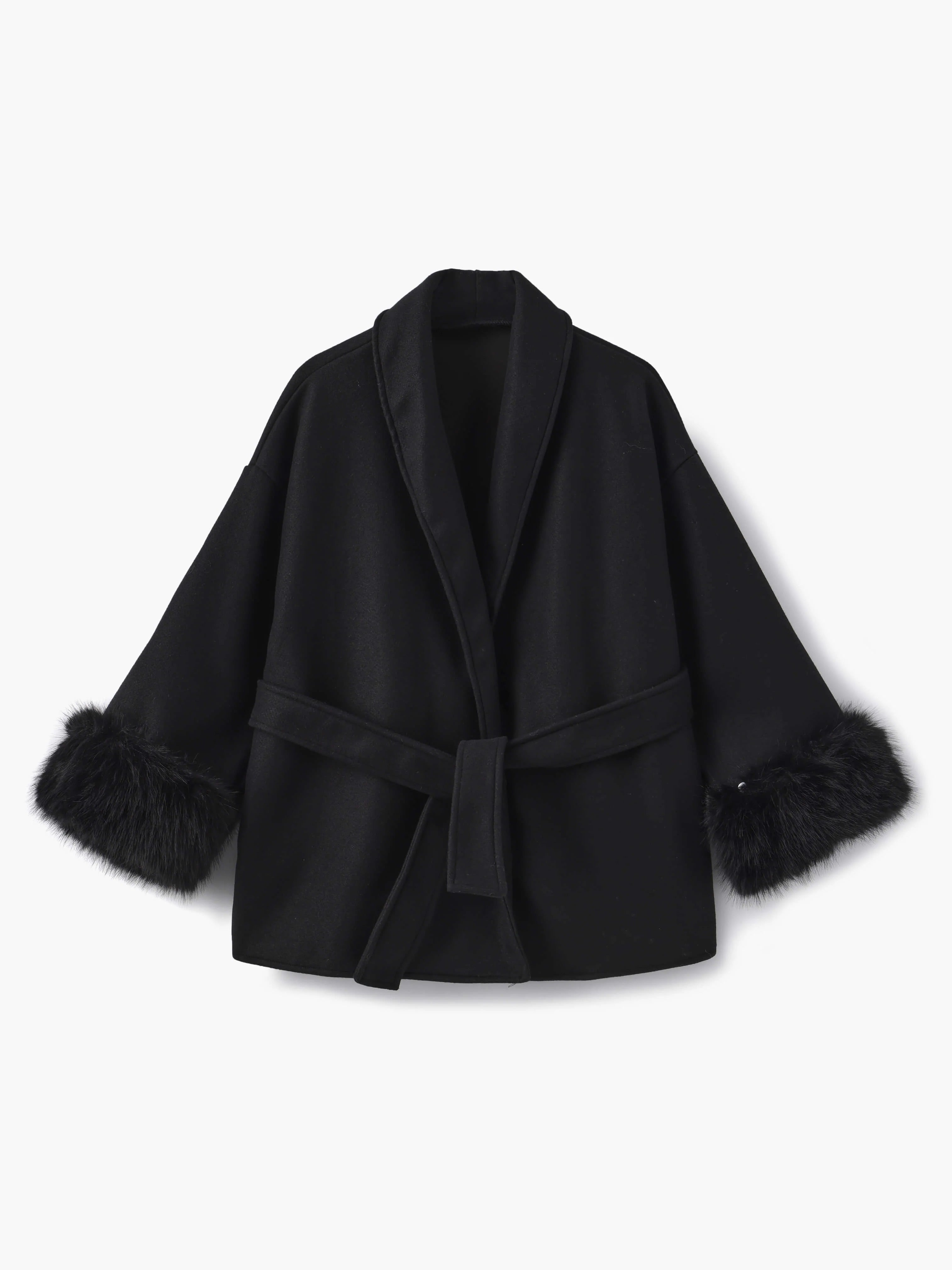 Belted Wrap Coat with Faux Fur Cuffs for Women