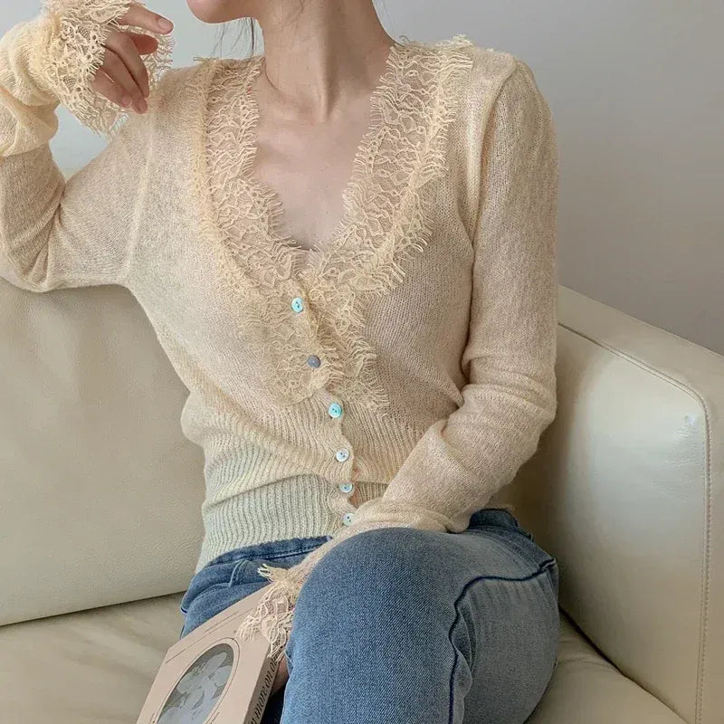 Lace Trim V-Neck Button-Up Cardigan for Women
