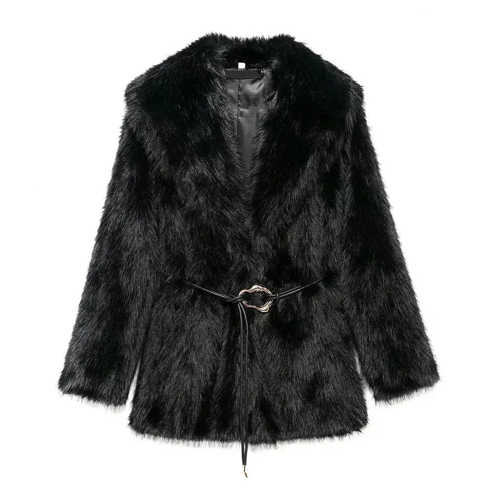 Belted Faux Fur Coat with Wide Lapels for Women