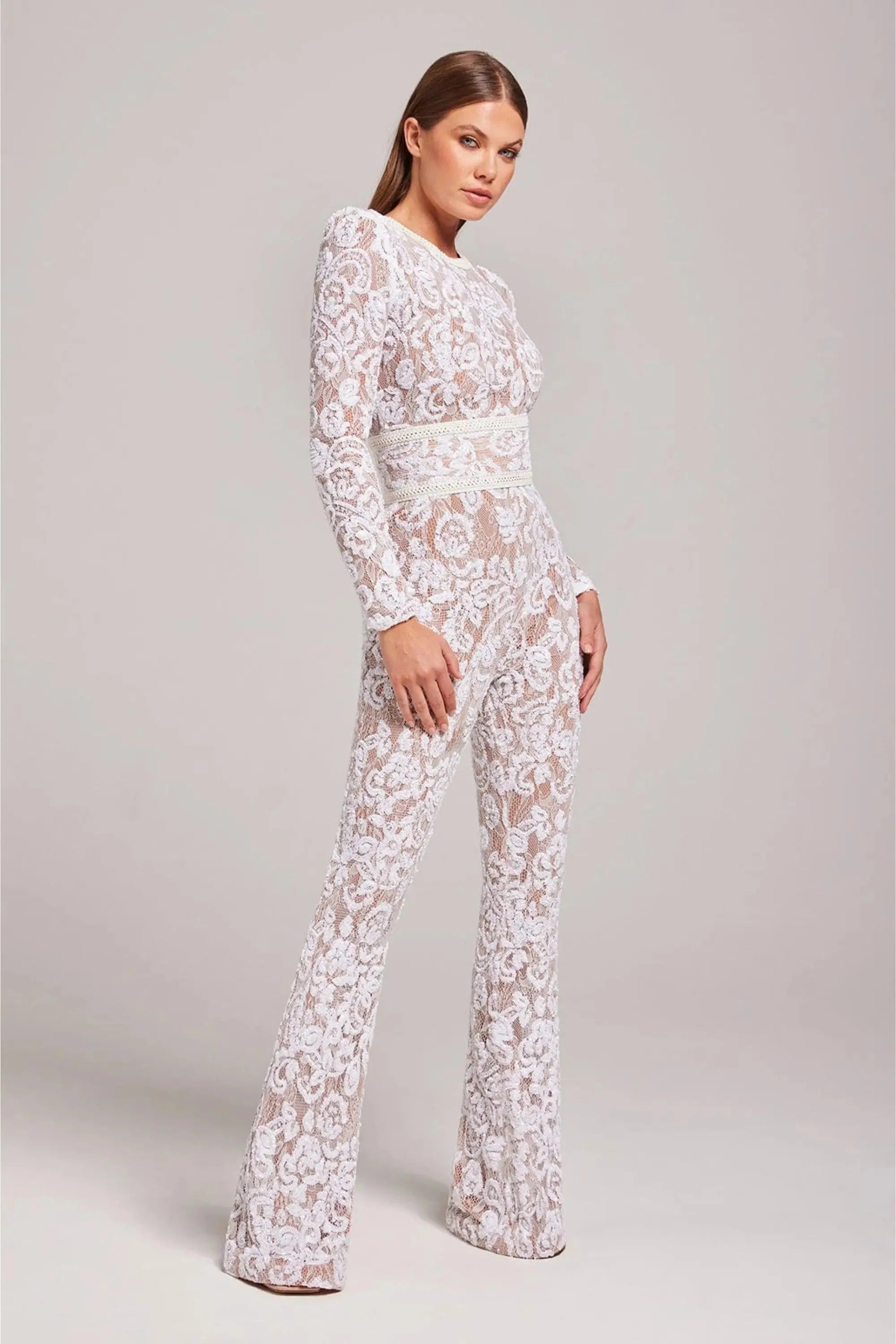Sequin Lace Long Sleeve Round Neck Flared Jumpsuit for Women