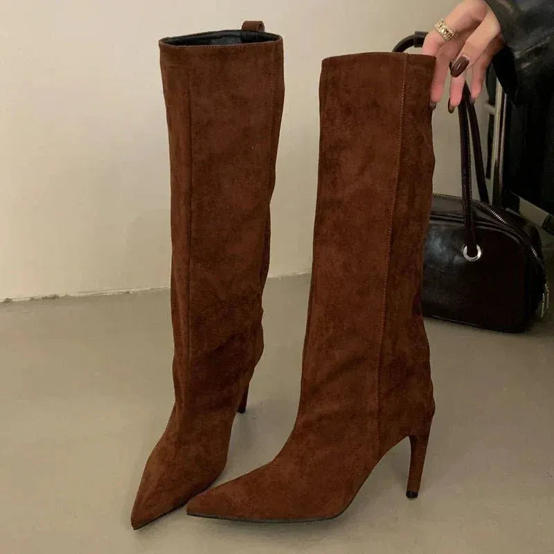 Suede Pointed Toe High Heel Slouch Boots for Women