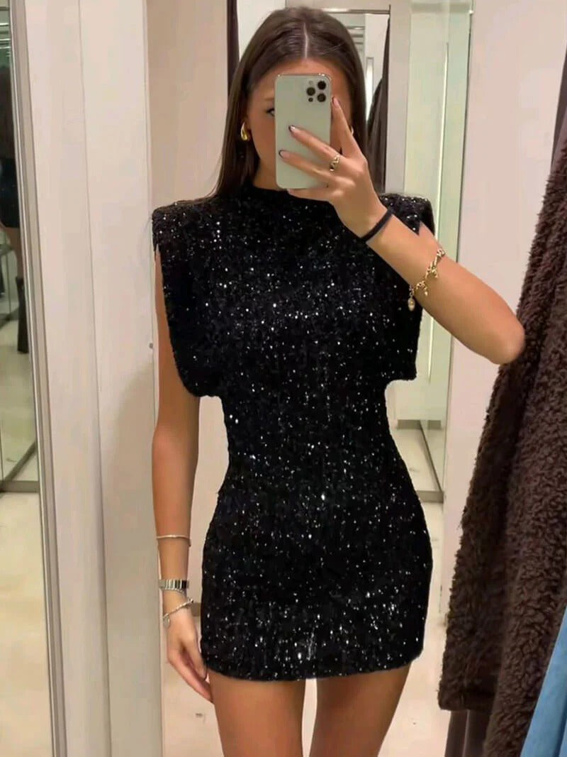Sleeveless Sequin Mock Neck Mini Dress for Women