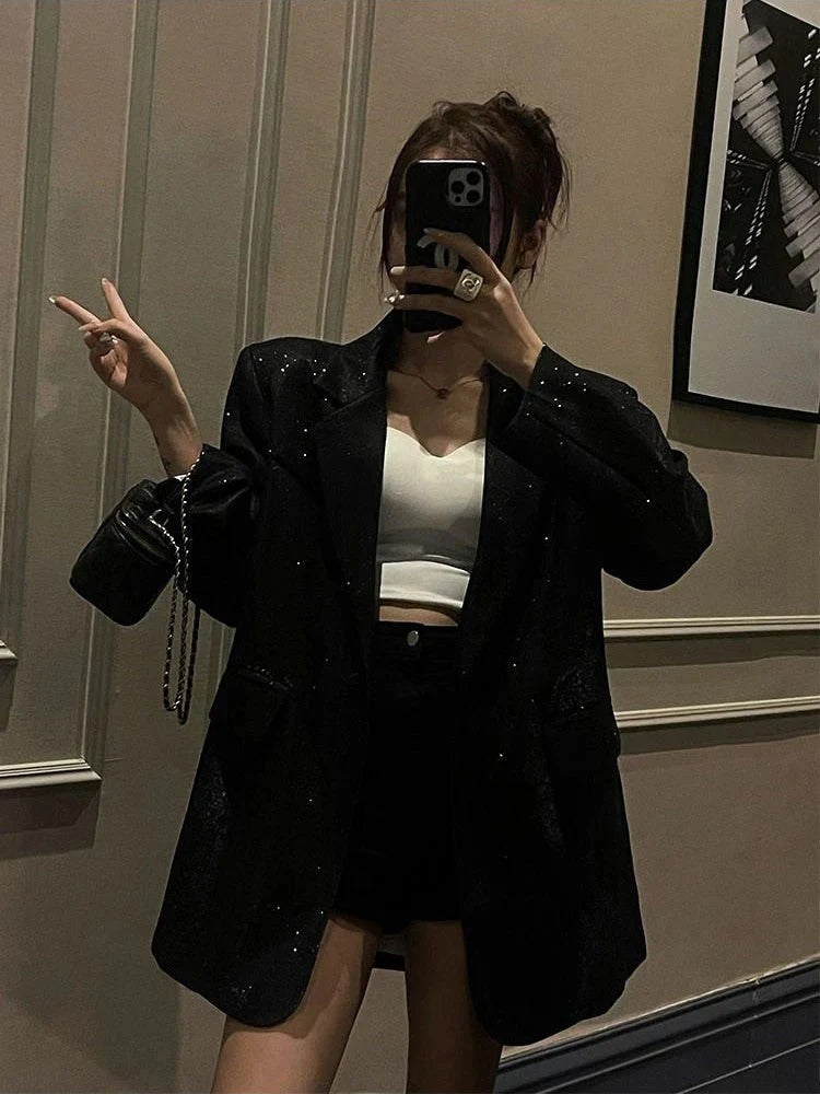 Oversized Glitter Single Breasted Blazer for Women