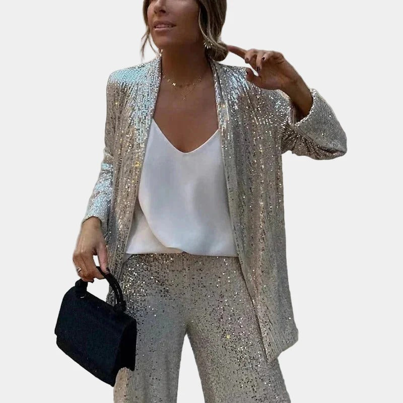 Sequin Long Sleeve Open Front Trousers Set for Women