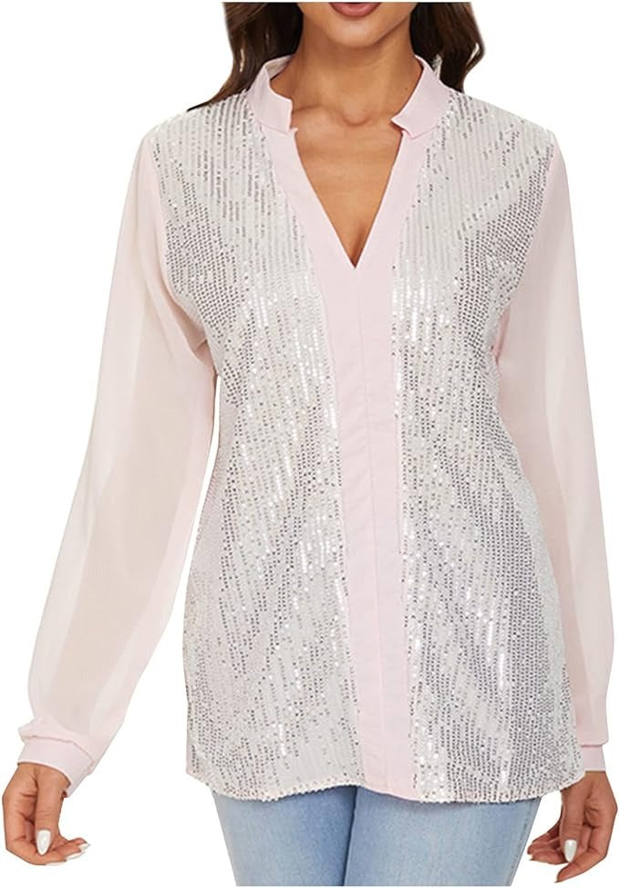 Sequin Chiffon Sleeve V-Neck Blouse for Women