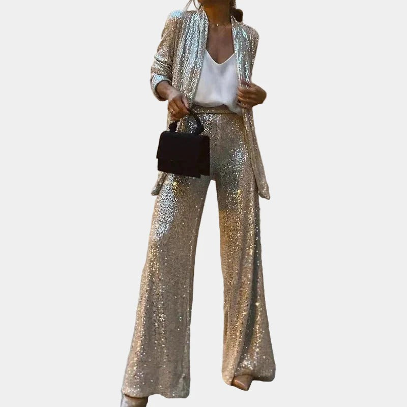 Sequin Long Sleeve Open Front Trousers Set for Women