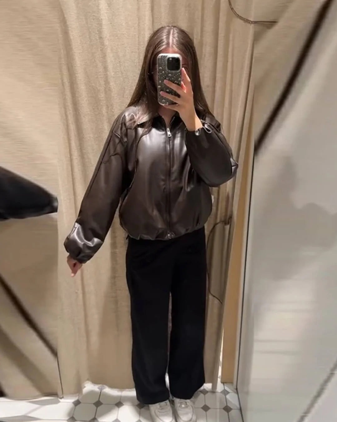 Oversized Short Leather Bomber Jacket for Women