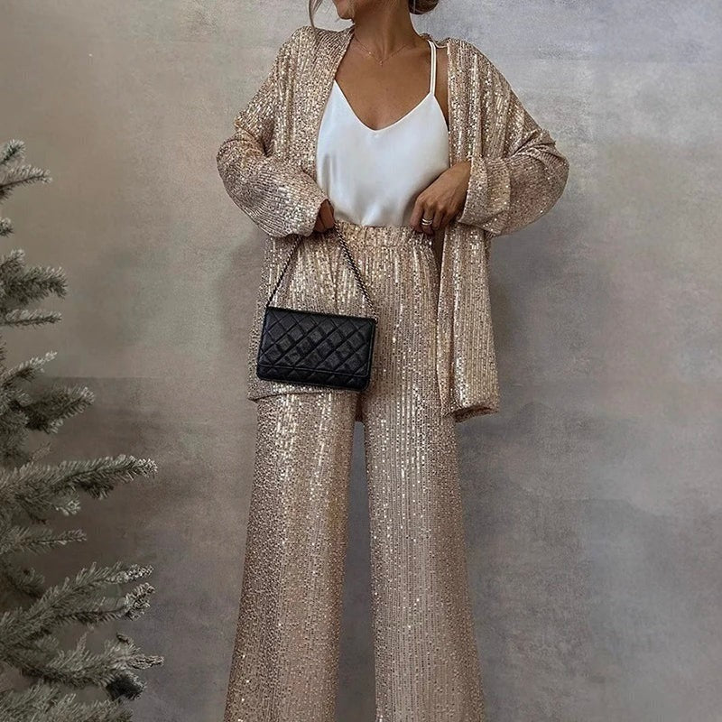 Sequin Long Sleeve Open Front Trousers Set for Women