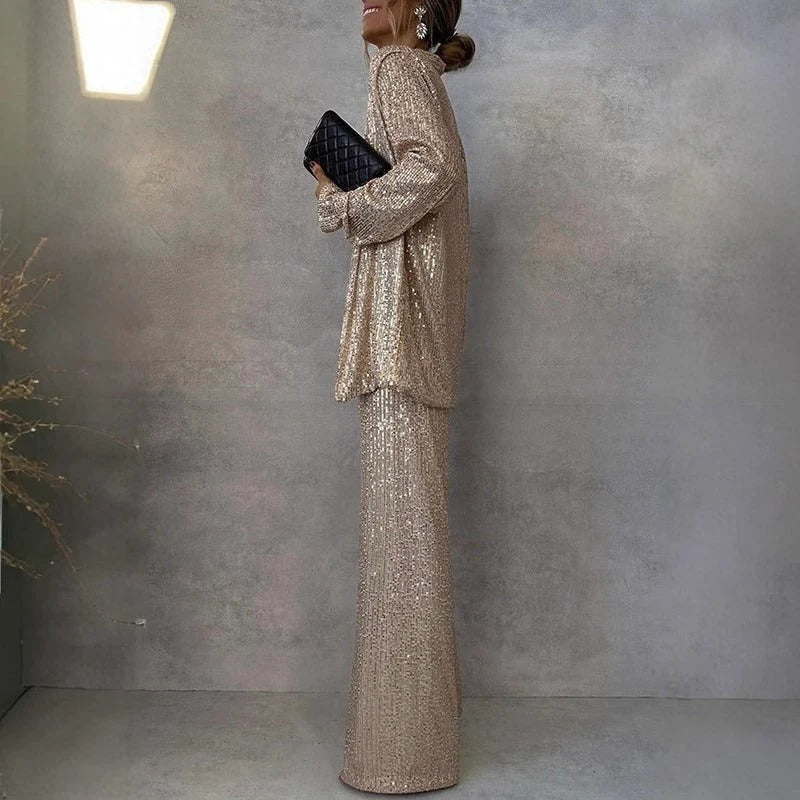 Sequin Long Sleeve Open Front Trousers Set for Women