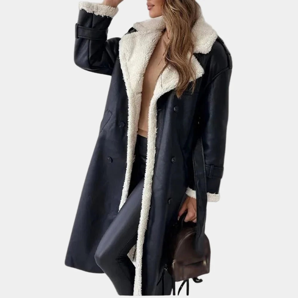 Long Faux Leather Coat with Sherpa Lining for Women