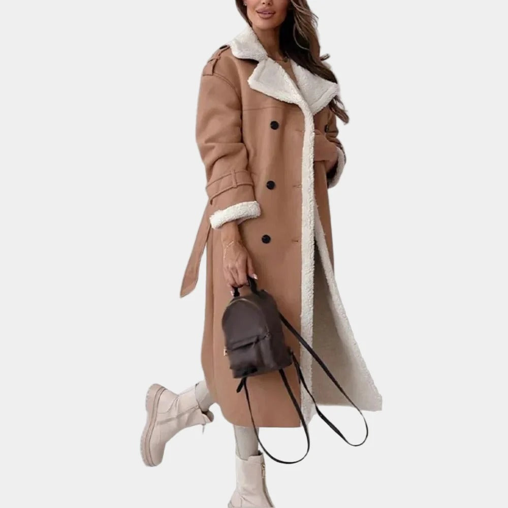 Long Faux Leather Coat with Sherpa Lining for Women