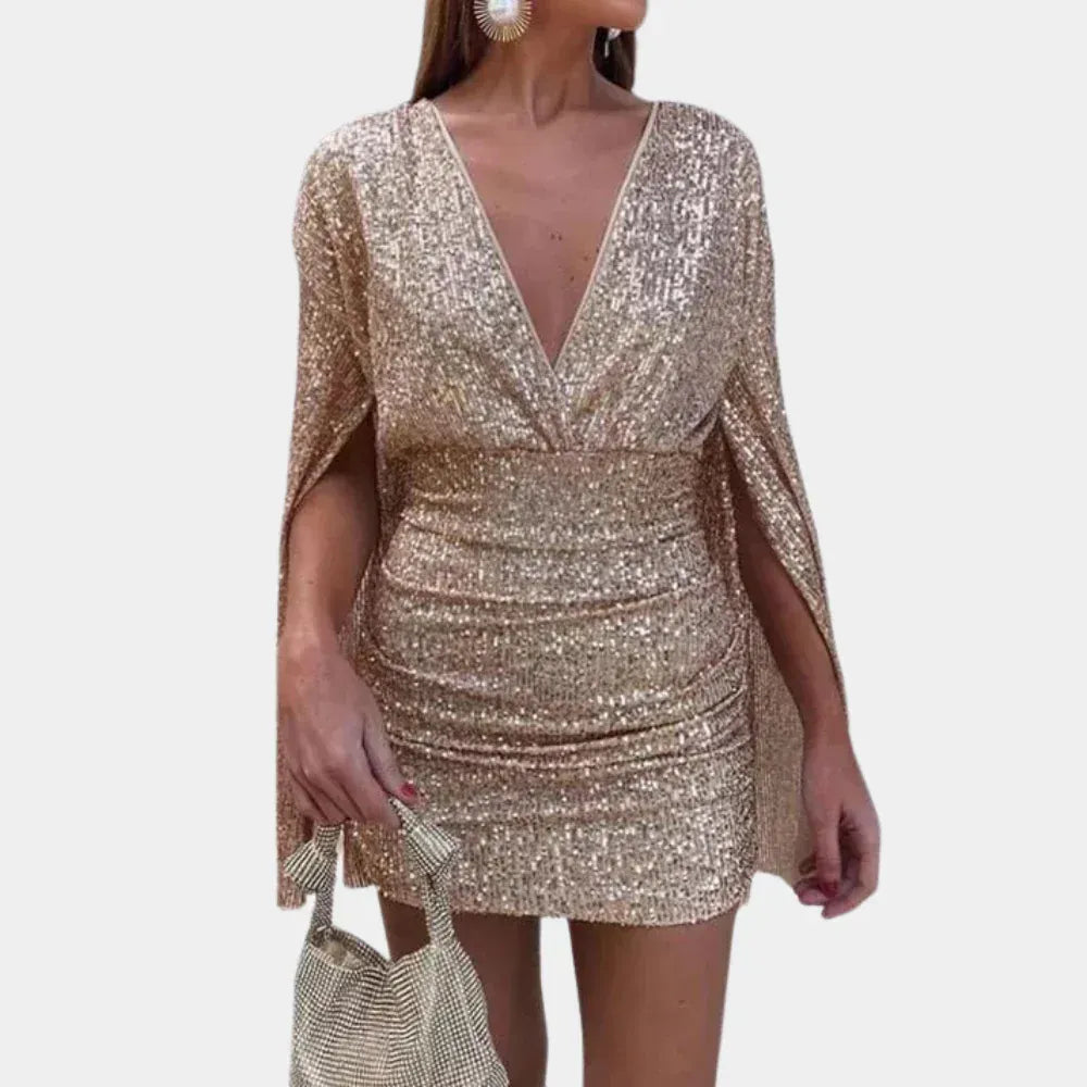 Sequin V Neck Cape Sleeve Mini Party Dress for Women
