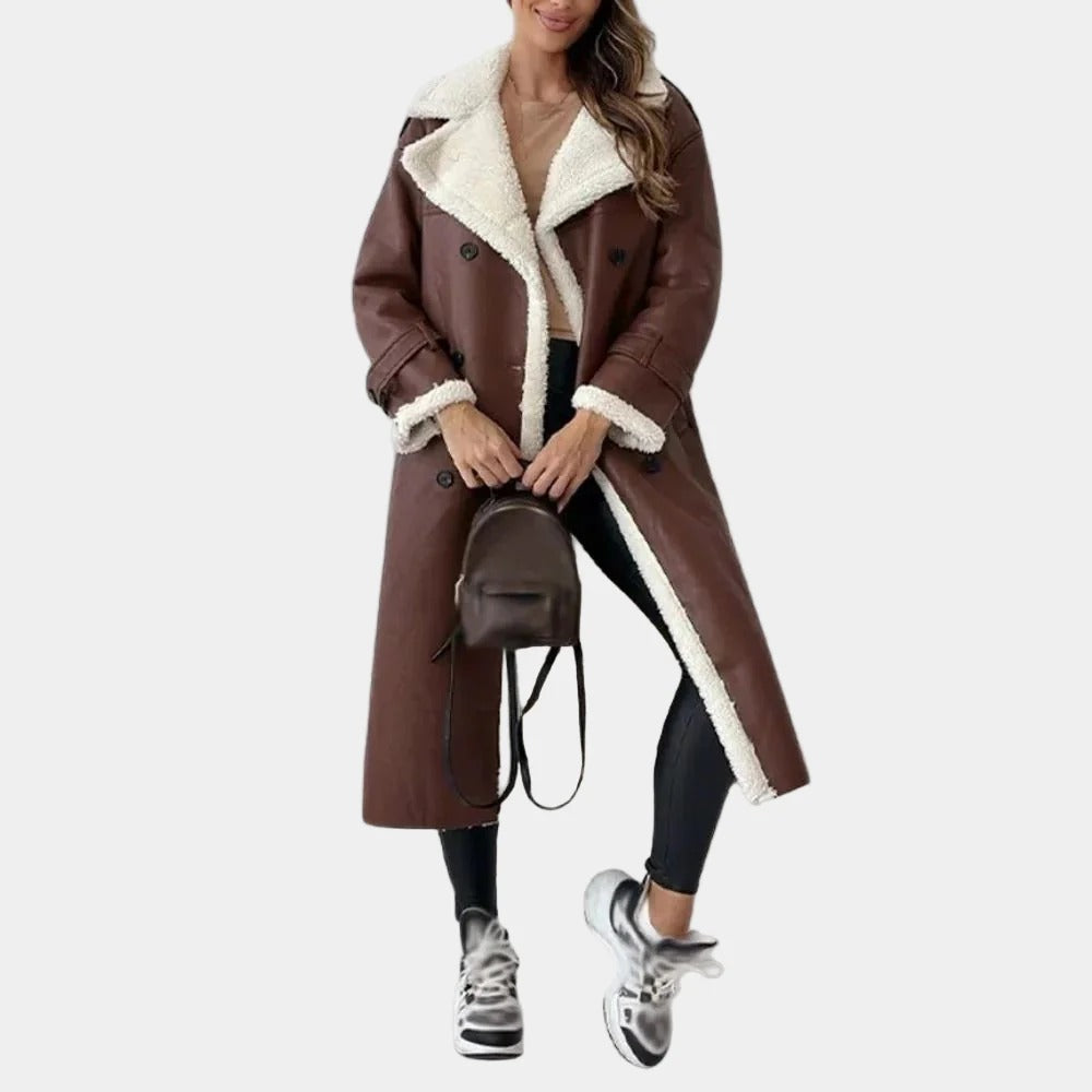 Long Faux Leather Coat with Sherpa Lining for Women