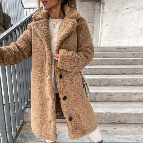 Teddy Coat with Notched Collar Button Front for Women
