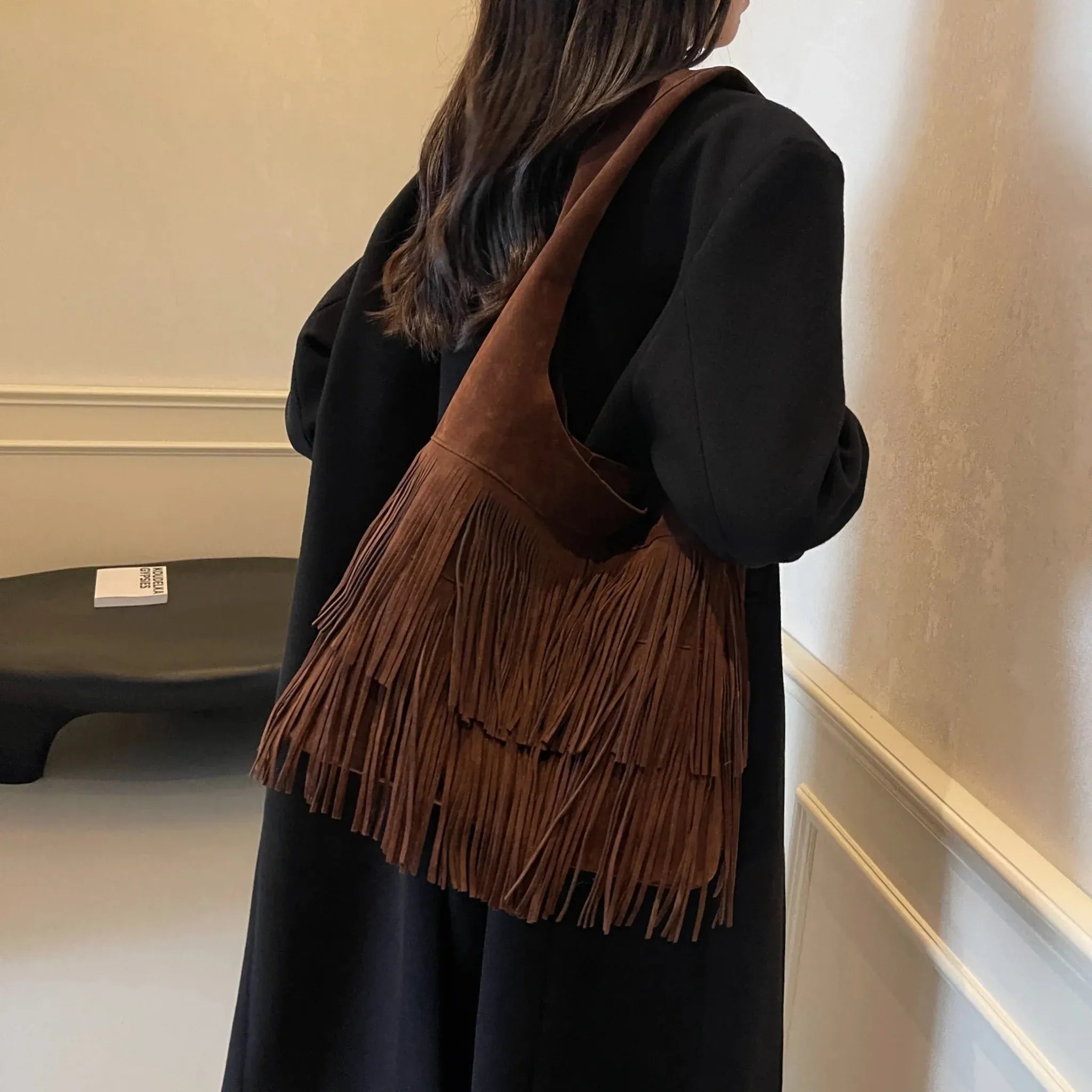 Faux Suede Fringe Shoulder Tote Bag for Women