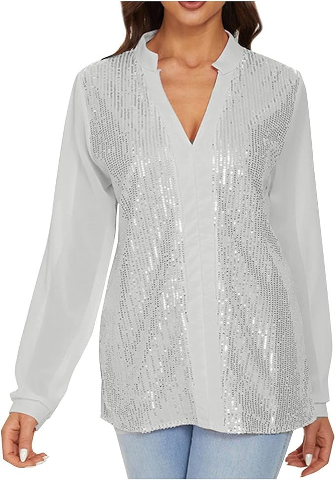 Sequin Chiffon Sleeve V-Neck Blouse for Women